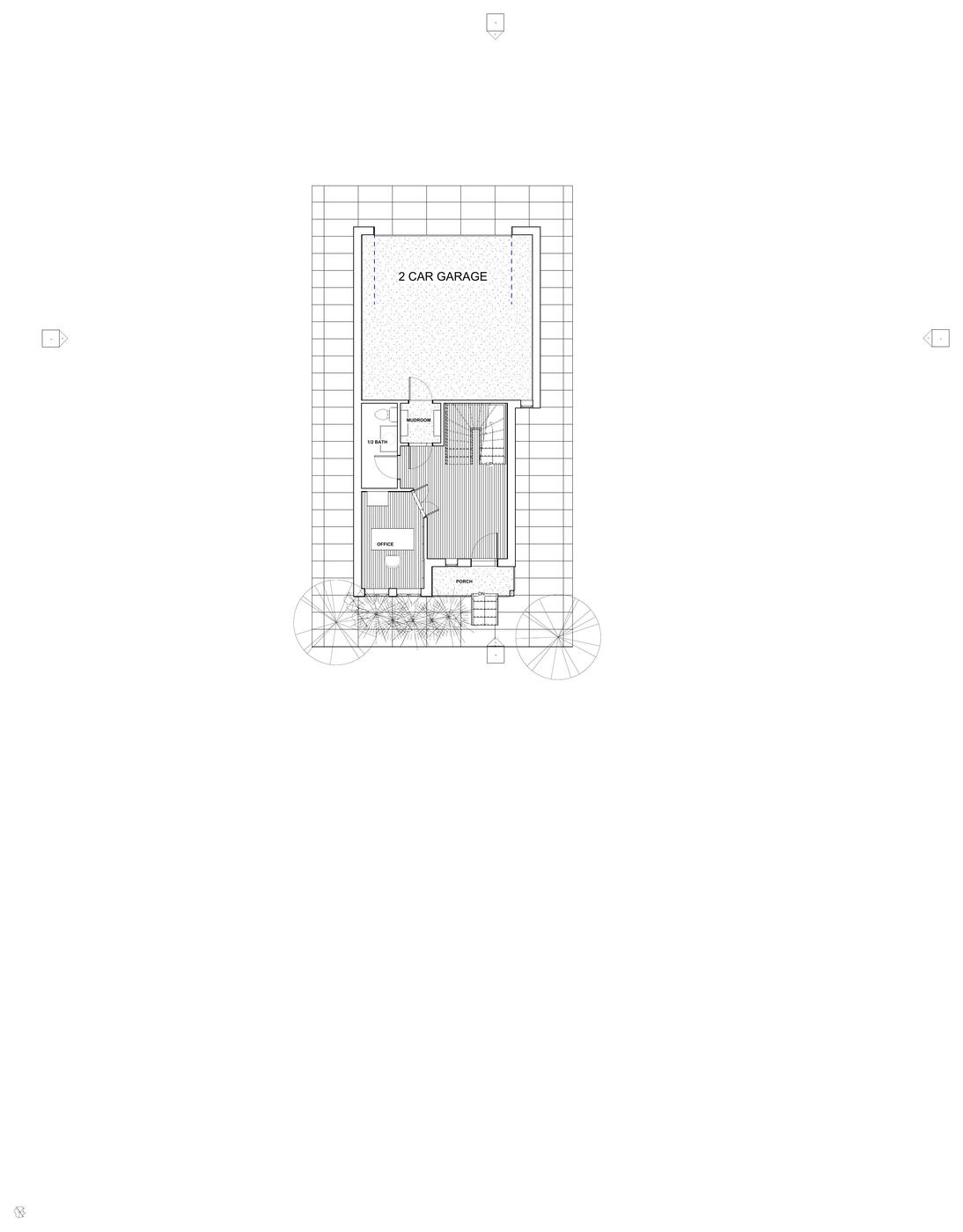First floor plan with two-car garage, mudroom, half bath, office, and porch