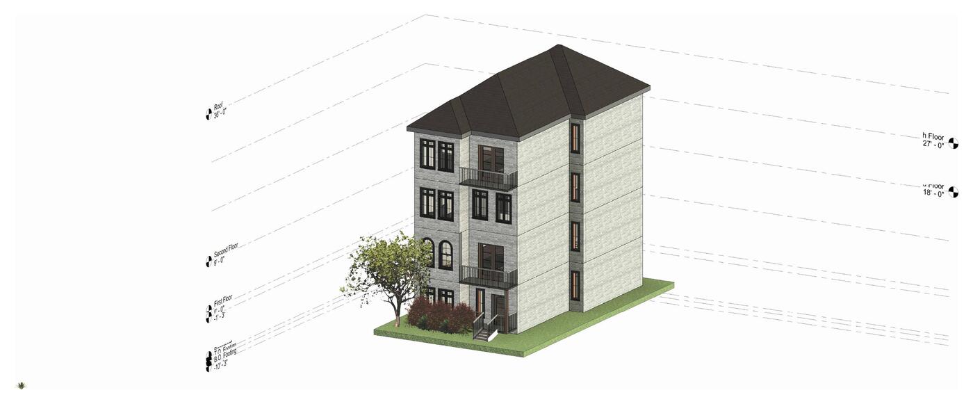 Revit exterior view of the row house with floor level markers